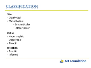 Site - Diaphyseal - Metaphyseal: - Extraarticular - Intraarticular Callus - Hypertrophic - Oligotropic - Atropic Infection - Aseptic - Infected 