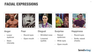 10


FACIAL EXPRESSIONS




Anger          Fear            Disgust            Surprise        Happiness
-  Lower       -  Round eyes   -  Wrinkled nose   -  Raised       -  Round eyes
   eyebrow                                           eyebrows
               -  Open mouth   -  Lowered                         -  Smile, raised
-  Stare                          eyelids         -  Wide eyes       cheeks
   intensely
                                                  -  Open mouth
 