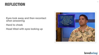 23


REFLECTION


-  Eyes look away and then recontact
   when answering
-  Hand to cheek
-  Head tilted with eyes looking up
 