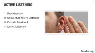 26


ACTIVE LISTENING

1.  Pay Attention
2.  Show That You’re Listening
3.  Provide Feedback
4.  Defer Judgment
 