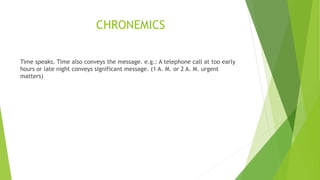 CHRONEMICS
Time speaks. Time also conveys the message. e.g.: A telephone call at too early
hours or late night conveys significant message. (1 A. M. or 2 A. M. urgent
matters)
 