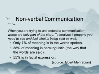 Non-verbal Communication
• Only 7% of meaning is in the words spoken.
• 38% of meaning is paralinguistic (the way that
the words are said).
• 55% is in facial expression.
(source: Albert Mehrabian)
When you are trying to understand a communication
words are only part of the story. To analyse it properly you
need to see and feel what is being said as well.
 