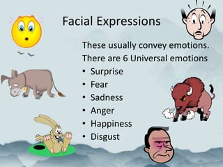 Facial Expressions
These usually convey emotions.
There are 6 Universal emotions
• Surprise
• Fear
• Sadness
• Anger
• Happiness
• Disgust
 