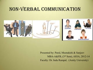 NON-VERBAL COMMUNICATION

Presented by: Parul, Meenakshi & Sanjeev
MBA-A&FB, (3rd Sem), AIOA, 2012-14
Faculty: Dr. Indu Rampal, (Amity University)

 