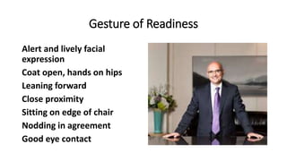 Gesture of Readiness
Alert and lively facial
expression
Coat open, hands on hips
Leaning forward
Close proximity
Sitting on edge of chair
Nodding in agreement
Good eye contact
 