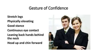 Gesture of Confidence
Stretch legs
Physically elevating
Good stance
Continuous eye contact
Leaning back hands behind
the neck
Head up and chin forward
 