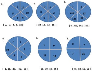 3.
1.                                      2.
                  ?        14                         ?    1                        ?       8

                                   10             8             2                216
             5                                                                                  27
                  7        9                          5     3                               64
                                                                                    125

     [ 2, 3, 4, 6, 18 ]                      [ 10, 12, 13, 15 ]                  [ 4, 305, 343, 729 ]




 4                                           5.                             6.
 .           ?         3
                                                                                    0            7
                                                      ?         9
       22                      5
                                                                                    ?           26
             13                                       22        13
                       8



 [ 1, 26, 39,         45, 50 ]                    [ 38, 39, 40, 44 ]                [ 45, 50, 60, 63 ]
 