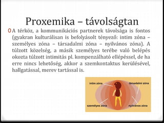 Proxemika – távolságtan
0 A térköz, a kommunikációs partnerek távolsága is fontos
(gyakran kulturálisan is befolyásolt tényező: intim zóna –
személyes zóna – társadalmi zóna – nyilvános zóna). A
túlzott közelség, a másik személyes terébe való belépés
okozta túlzott intimitás pl. kompenzálható ellépéssel, de ha
erre nincs lehetőség, akkor a szemkontaktus kerülésével,
hallgatással, merev tartással is.
 
