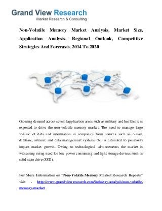 Non-Volatile Memory Market Analysis, Market Size,
Application Analysis, Regional Outlook, Competitive
Strategies And Forecasts, 2014 To 2020
Growing demand across several application areas such as military and healthcare is
expected to drive the non-volatile memory market. The need to manage large
volume of data and information in companies from sources such as e-mail,
database, intranet and data management systems etc. is estimated to positively
impact market growth. Owing to technological advancements the market is
witnessing rising need for low power consuming and light storage devices such as
solid state drive (SSD).
For More Information on "Non-Volatile Memory Market Research Reports"
visit - http://www.grandviewresearch.com/industry-analysis/non-volatile-
memory-market
 