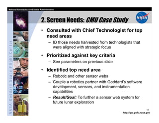 National Aeronautics and Space Administration




                                   2. Screen Needs: CMU Case Study
                                   • Consulted with Chief Technologist for top
                                     need areas
NASA Goddard Space Flight Center




                                         – ID those needs harvested from technologists that
                                           were aligned with strategic focus

                                   • Prioritized against key criteria
                                         – See parameters on previous slide

                                   • Identified top need area
                                         – Robotic and other sensor webs
                                         – Couple a robotics partner with Goddard’s software
                                           development, sensors, and instrumentation
                                           capabilities
                                         – Result/Goal: To further a sensor web system for
                                           future lunar exploration
                                                                                                       17
                                                                                 http://ipp.gsfc.nasa.gov
 