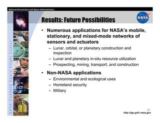 National Aeronautics and Space Administration




                                   Results: Future Possibilities
                                   • Numerous applications for NASA’s mobile,
                                     stationary, and mixed-mode networks of
                                     sensors and actuators
NASA Goddard Space Flight Center




                                         – Lunar, orbital, or planetary construction and
                                           inspection
                                         – Lunar and planetary in-situ resource utilization
                                         – Prospecting, mining, transport, and construction

                                   • Non-NASA applications
                                         – Environmental and ecological uses
                                         – Homeland security
                                         – Military



                                                                                                        27
                                                                                  http://ipp.gsfc.nasa.gov
 