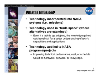 National Aeronautics and Space Administration




                                   What Is Infusion?
                                   • Technology incorporated into NASA
                                     systems (i.e., missions)
NASA Goddard Space Flight Center




                                   • Technology used in “trade space” (where
                                     alternatives are examined)
                                         – Even if a tech is not adopted, the knowledge gained
                                           was beneficial for a better understanding of tech’s
                                           capabilities and applications

                                   • Technology applied to NASA
                                     programs/projects
                                         – Improving technical performance, cost, or schedule
                                         – Could be hardware, software, or knowledge.



                                                                                                       5
                                                                                 http://ipp.gsfc.nasa.gov
 