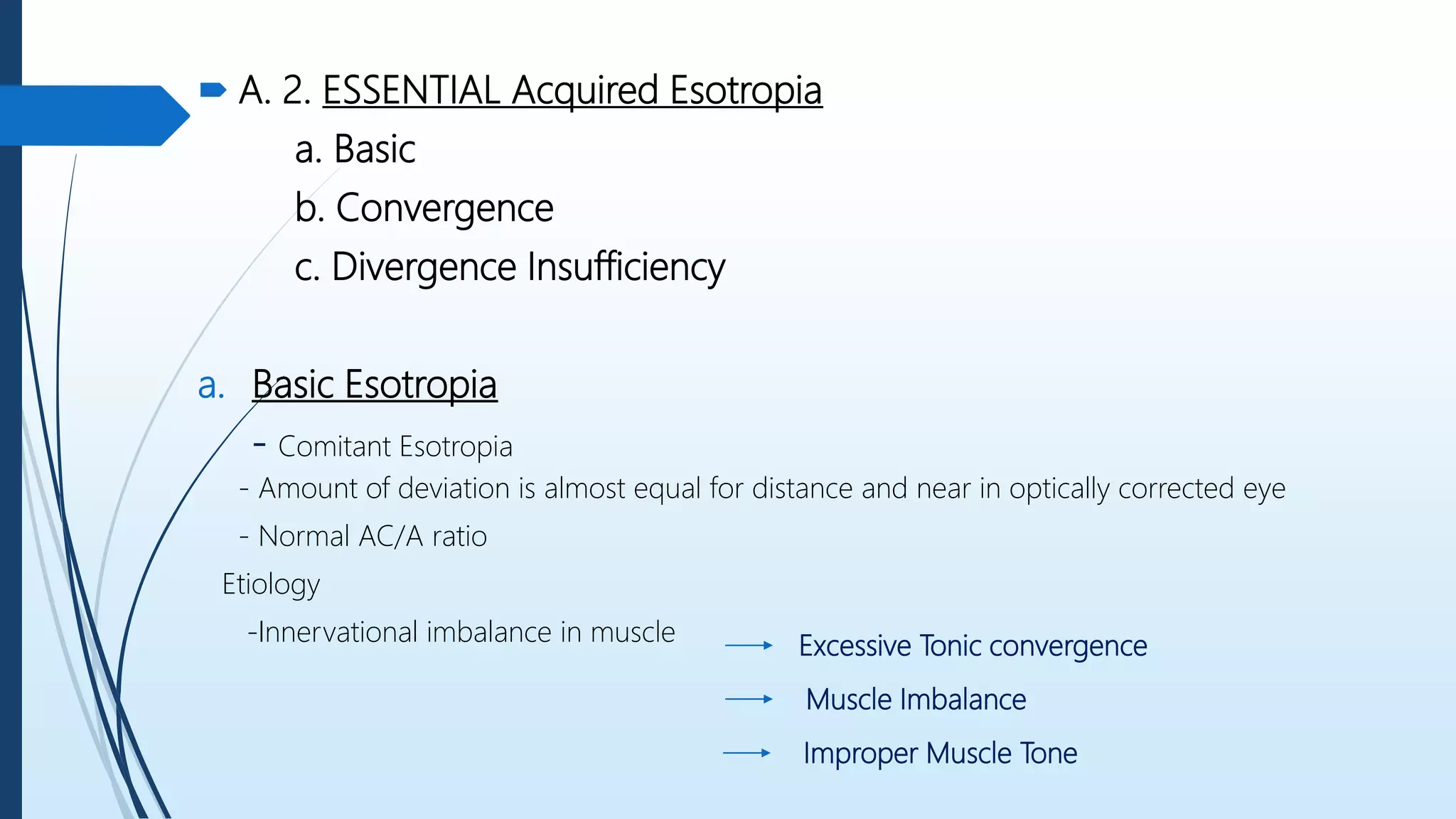  A. 2. ESSENTIAL Acquired Esotropia
a. Basic
b. Convergence
c. Divergence Insufficiency
a. Basic Esotropia
- Comitant Esotropia
- Amount of deviation is almost equal for distance and near in optically corrected eye
- Normal AC/A ratio
Etiology
-Innervational imbalance in muscle Excessive Tonic convergence
Muscle Imbalance
Improper Muscle Tone
 
