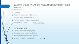  B.2. ACUTE STRABISMUS WITHOUT PRECEEDING DISRUPTION OF FUSION
Characteristics:
 Acute onset
 Diplopia
 Relatively large angle of Esotropia
 No sign of paralysis of muscle
 No interruption in fusion is associated
 Precipitating Factors
CLINICAL FEATURES
 Onset is acute for all age group
 Refractive error has minimal effect
 Accommodative Element is minimal
 Amount of deviation ranges from 20 - 60
Prolonged illness
 