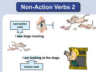 I see dogs running.
Non-Action Verbs 2
I am looking at the dogs.
non-action
verb
Action verb
 