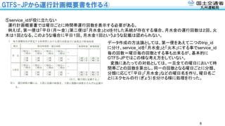 九州運輸局
GTFS-JPから運行計画概要書を作る④
8
⑤service_idが役に立たない
運行計画概要書では曜日ごとに時間帯運行回数を表示する必要がある。
例えば、第一便は「平日（月～金）」第二便は「月水金」とidを付した系統が存在する場合、月水金の運行回数は２回、火
木は１回となる。このような場合に平日１回、月水金１回というような記載は認められない。
データ作成の方法論としては、第一便をあえて二つのtrip_id
に分け、service_idを「月水金」と「火木」にする事でservice_id
毎の回数＝曜日毎の回数とする事も出来るが、基本的に
GTFS-JPではこの様な考え方をしていない。
変換にあたっての対処としては、一旦全ての曜日において時
間帯ごとの回数を算出し、同一の回数となる曜日ごとに分類、
分類に応じて「平日」「月水金」などの曜日名を作り、曜日名ご
とにエクセルの行（ぎょう）を分ける様に処理を行った。
 