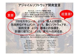 アジャイルソフトウェア開発宣言
重要

私たちは、ソフトウェア開発の実践
あるいは実践を手助けをする活動を通じて、
よりよい開発方法を見つけだそうとしている。
この活動を通して、私たちは以下の価値に至った。

超重要!

プロセスやツール よりも 個人と対話を、
包括的なドキュメント よりも 動くソフトウェアを、
契約交渉 よりも 顧客との協調を、
計画に従うこと よりも 変化への対応を、
価値とする。すなわち、左記のことがらに価値があることを
認めながらも、私たちは右記のことがらにより価値をおく。
Kent Beck
Mike Beedle
Arie van Bennekum
Alistair Cockburn
Ward Cunningham
Martin Fowler

James Grenning
Jim Highsmith
Andrew Hunt
Ron Jeffries
Jon Kern
Brian Marick

Robert C. Martin
Steve Mellor
Ken Schwaber
Jeff Sutherland
Dave Thomas

© 2001, 上記の著者たち
この宣言は、この注意書きも含めた形で全文を含めることを条件に自由にコピーしてよい。

16

Seeing is understanding.

 