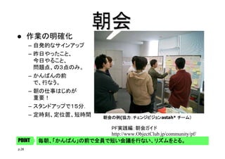 朝会
作業の明確化
– 自発的なサインアップ
– 昨日やったこと、
今日やること、
問題点、の３点のみ。
– かんばんの前
で、行なう。
– 朝の仕事はじめが
重要！
– スタンドアップで１５分．
– 定時刻、定位置、短時間

朝会の例(協力：チェンジビジョン
朝会の例 協力：チェンジビジョンastah* チーム）
協力：チェンジビジョン

PF実践編：朝会ガイド
http://www.ObjectClub.jp/community/pf/
POINT
p.28

毎朝、「かんばん」の前で全員で短い会議を行ない、リズムをとる。

 