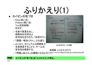 ふりかえり(1)
カイゼンの気づき
– Keep(良い点)
Problem(悪い点)
Try(次回挑戦)
を出す。
– 全員で意見を出し、
暗黙知の共同化と
形式知化を行なう。「名前付け」
– 「課題－解決リスト」、とは違う。
– とにかく、カジュアルな雰囲気で
全員発言することで、チームの
安全性を確保する。

ふりかえりシートの例

実践編：ふりかえりガイド
http://www.ObjectClub.jp/community/pf/
– 「問題vs私たち」の構図になるように。
POINT
p.29

カイゼンの「気づき」を「ふりかえり」で得る。

 