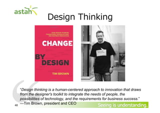 Design Thinking

48

“Design thinking is a human-centered approach to innovation that draws
from the designer's toolkit to integrate the needs of people, the
possibilities of technology, and the requirements for business success.”
—Tim Brown, president and CEO

Seeing is understanding.

 