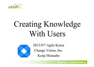 Seeing is understanding.Seeing is understanding.
Creating Knowledge
With Users
2013/9/7 Agile Korea
Change Vision, Inc.
Kenji Hiranabe
 