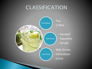 Stimulating
• Tea
• Coffee
Refreshing
• Aerated
• Squashes
• Syrups
Nourishing
• Milk Drinks
• Chocolates
• Juices
 