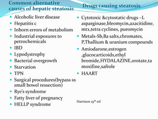 Common alternative
causes of hepatic steatosis
Drugs causing steatosis
 Alcoholic liver disease
 Hepatitis c
 Inborn errors of metabolism
 Industrial exposures to
petrochemicals
 IBD
 Lypodystrophy
 Bacterial overgrowth
 Starvation
 TPN
 Surgical procedures(bypass sx
small bowel ressection)
 Rye’s syndrome
 Fatty liver of pregnancy
 HELLP syndrome
 Cytotoxic &cytostatic drugs –L
asparginase,bleomycin,azacitidine,
mtx,tetra cyclines, puromycin
 Metals-Sb,Ba salts,chromates,
P,Thallium & uranium compounds
 Amiodarone,estrogen
,glucocarticoids,ethyl
bromide,HYDALAZINE,orotate,ta
moxifine,safrole
 HAART
Harrison 19th ed
 