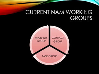 CURRENT NAM WORKING
GROUPS
CONTACT
GROUP
TASK GROUP
WORKING
GROUP
 