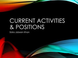 CURRENT ACTIVITIES
& POSITIONS
Sidra Jabeen Khan
 