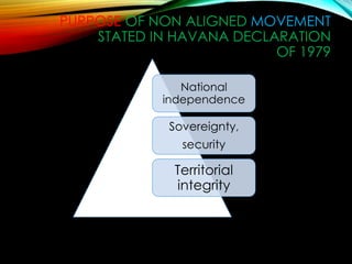 PURPOSE OF NON ALIGNED MOVEMENT
STATED IN HAVANA DECLARATION
OF 1979
National
independence
Sovereignty,
security
Territorial
integrity
 