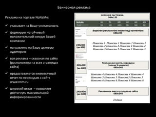 Баннерная реклама

Реклама на портале NoNaMe:

 указывает на Вашу уникальность
 формирует устойчивый
  положительный имидж Вашей
  компании
 направлена на Вашу целевую
  аудиторию
 вся реклама – сквозная по сайту
  (расположена на всех страницах
  сайта)
 предоставляется ежемесячный
  отчет по переходам с сайта
  www.nnm.ru
Временной период размещения баннера
  широкий охват – позволяет
на NoNaMe:
    достигнуть максимальной
• В течение суток
    информированности
• В течение недели
• В течение 5505560
• В течение 6 месяцев
 