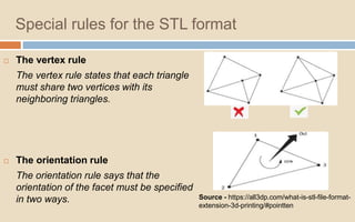Special rules for the STL format
 The vertex rule
The vertex rule states that each triangle
must share two vertices with its
neighboring triangles.
 The orientation rule
The orientation rule says that the
orientation of the facet must be specified
in two ways. Source - https://all3dp.com/what-is-stl-file-format-
extension-3d-printing/#pointten
 