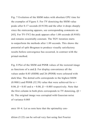 Fig. 7 Evolution of the SSIM index with absolute CPU time for
the examples of Figure 5. For TV denoising the SSIM value
peaks after 0.17 seconds (0.9130) and the after it drops sharply
since the staircasing appears, see corresponding comments on
[45]. For TV-TV2 the peak appears after 1.08 seconds (0.9103)
and remains essentially constant. The TGV iteration starts
to outperform the methods after 1.89 seconds. This shows the
potential of split Bregman to produce visually satisfactory
results before convergence has occurred, in contrast with the
primal-method.
Fig. 8 Plot of the SSIM and PSNR values of the restored image
as functions of α and β. For display convenience all the
values under 0.85 (SSIM) and 26 (PSNR) were coloured with
dark blue. The dotted cells corresponds to the highest SSIM
(0.9081) and PSNR (32.39) value that were achieved for α =
0.06, β = 0.03 and α = 0.06, β = 0.005 respectively. Note that
the first column in both plots corresponds to TV denoising, (β =
0). The original image was corrupted with Gaussian noise
of variance 0.005
ance 10−4. Let us note here that the optimality con-
dition (5.22) can be solved very fast using fast Fourier
 