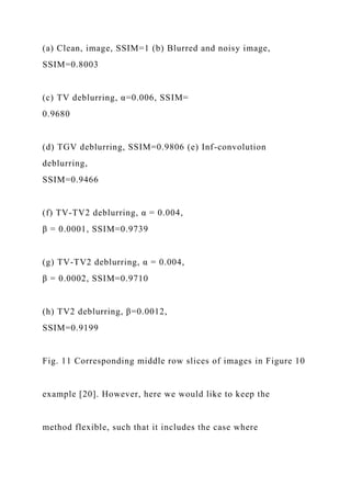 (a) Clean, image, SSIM=1 (b) Blurred and noisy image,
SSIM=0.8003
(c) TV deblurring, α=0.006, SSIM=
0.9680
(d) TGV deblurring, SSIM=0.9806 (e) Inf-convolution
deblurring,
SSIM=0.9466
(f) TV-TV2 deblurring, α = 0.004,
β = 0.0001, SSIM=0.9739
(g) TV-TV2 deblurring, α = 0.004,
β = 0.0002, SSIM=0.9710
(h) TV2 deblurring, β=0.0012,
SSIM=0.9199
Fig. 11 Corresponding middle row slices of images in Figure 10
example [20]. However, here we would like to keep the
method flexible, such that it includes the case where
 