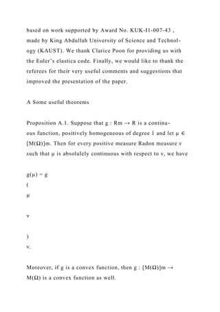 based on work supported by Award No. KUK-I1-007-43 ,
made by King Abdullah University of Science and Technol-
ogy (KAUST). We thank Clarice Poon for providing us with
the Euler’s elastica code. Finally, we would like to thank the
referees for their very useful comments and suggestions that
improved the presentation of the paper.
A Some useful theorems
Proposition A.1. Suppose that g : Rm → R is a continu-
ous function, positively homogeneous of degree 1 and let µ ∈
[M(Ω)]m. Then for every positive measure Radon measure ν
such that µ is absolulely continuous with respect to ν, we have
g(µ) = g
(
µ
ν
)
ν.
Moreover, if g is a convex function, then g : [M(Ω)]m →
M(Ω) is a convex function as well.
 