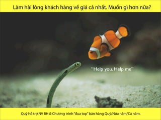 “Help you. Help me”
Làm hài lòng khách hàng về giá cả nhất. Muốn gì hơn nữa?
@ research and present byVo.Tu.Duc | Tp. HCM 2013
Quỹ hỗ trợ NV BH & Chương trình“đua top”bán hàng Quý/Nửa năm/Cả năm.
 