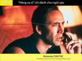 “Hàng xa xỉ”chỉ dành cho ngôi sao1996
Nicolas Cage
Motorola STAR TAC
Diễn viên Hollywood nổi tiếng thế giới, phim Vua Tốc Độ
“Hero”Model. Bán đắt như tôm tươi cho những người nổi tiếng và giàu có
 