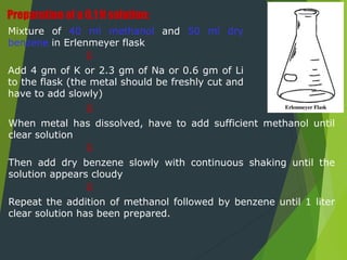 Preparation of a 0.1 N solution:

When metal has dissolved, have to add sufficient methanol until
clear solution

Then add dry benzene slowly with continuous shaking until the
solution appears cloudy

Repeat the addition of methanol followed by benzene until 1 liter
clear solution has been prepared.
Mixture of 40 ml methanol and 50 ml dry
benzene in Erlenmeyer flask

Add 4 gm of K or 2.3 gm of Na or 0.6 gm of Li
to the flask (the metal should be freshly cut and
have to add slowly)
 