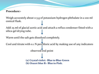 Procedure:-
Weigh accurately about 0.5 g of potassium hydrogen phthalate in a 100 ml
conical flask.
Add 25 ml of glacial acetic acid and attach a reflux condenser fitted with a
silica-gel drying tube.
Warm until the salt gets dissolved completely.
Cool and titrate with 0.1 N perchloric acid by making use of any indicators
observed end point
(a) Crystal violet:- Blue to Blue-Green
(b) Oracet blue B:- Blue to Pink.
 