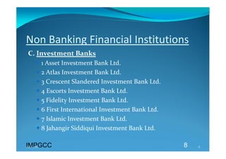 Non Banking Financial Institutions 
C. Investment Banks 
   1 Asset Investment Bank Ltd. 
   2 Atlas Investment Bank Ltd. 
   3 Crescent Slandered Investment Bank Ltd. 
   4 Escorts Investment Bank Ltd. 
   5 Fidelity Investment Bank Ltd. 
   6 First International Investment Bank Ltd. 
   7 Islamic Investment Bank Ltd. 
   8 Jahangir Siddiqui Investment Bank Ltd. 
  
IMPGCC
IMPGCC                                            8   8 
 