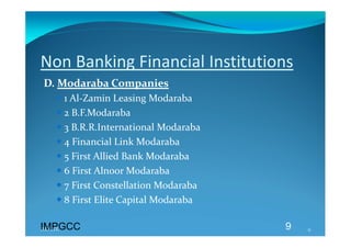 Non Banking Financial Institutions 
D. Modaraba Companies 
   1 Al‐Zamin Leasing Modaraba 
   2 B.F.Modaraba 
   3 B.R.R.International Modaraba 
   4 Financial Link Modaraba 
   5 First Allied Bank Modaraba 
   6 First Alnoor Modaraba 
   7 First Constellation Modaraba 
   8 First Elite Capital Modaraba 
  
IMPGCC
IMPGCC                                9   9 
 