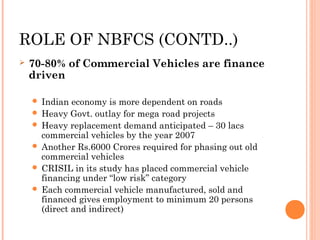ROLE OF NBFCS (CONTD..)
 70-80% of Commercial Vehicles are finance
driven
 Indian economy is more dependent on roads
 Heavy Govt. outlay for mega road projects
 Heavy replacement demand anticipated – 30 lacs
commercial vehicles by the year 2007
 Another Rs.6000 Crores required for phasing out old
commercial vehicles
 CRISIL in its study has placed commercial vehicle
financing under “low risk” category
 Each commercial vehicle manufactured, sold and
financed gives employment to minimum 20 persons
(direct and indirect)
 