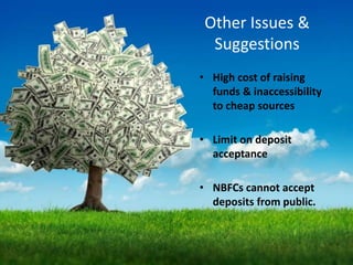 Other Issues &
Suggestions
• High cost of raising
funds & inaccessibility
to cheap sources
• Limit on deposit
acceptance
• NBFCs cannot accept
deposits from public.
 