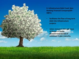 6. Infrastructure Debt Fund: Non-
Banking Financial Company(IDF-
NBFC)
• facilitates the flow of long term
debt into infrastructure
projects
• raises resources through issue
of Rupee or Dollar
denominated bonds of
minimum 5 year maturity.
 
