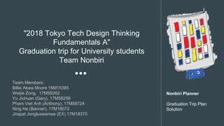 "2018 Tokyo Tech Design Thinking
Fundamentals A"
Graduation trip for University students
Team Nonbiri
Team Members:
Billie Akwa Moore 18M15385
Weijie Zong, 17M58262
Yu Jichuan (Gary), 17M58256
Pham Viet Anh (Anthony), 17M58724
Ning He (Banner), 17M18073
Jirapat Jongluxwamee (EX) 17M18370
Nonbiri Planner
Graduation Trip Plan
Solution
 