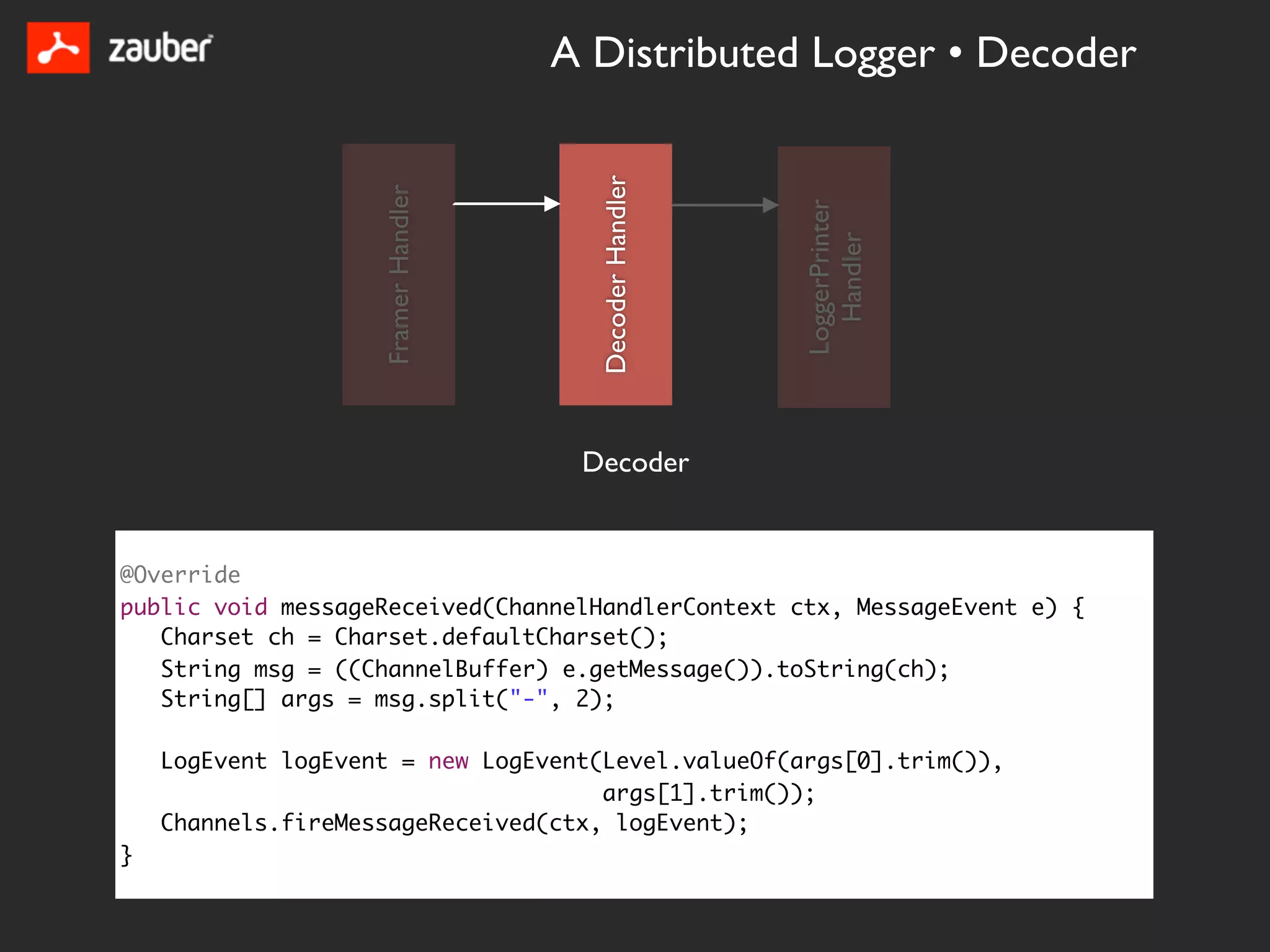 A Distributed Logger • Decoder




                                       Decoder Handler
                    Framer Handler




                                                         LoggerPrinter
                                                           Handler
                                      Decoder


@Override
public void messageReceived(ChannelHandlerContext ctx, MessageEvent e) {
   Charset ch = Charset.defaultCharset();
   String msg = ((ChannelBuffer) e.getMessage()).toString(ch);
   String[] args = msg.split("-", 2);

    LogEvent logEvent = new LogEvent(Level.valueOf(args[0].trim()),
                                     args[1].trim());
    Channels.fireMessageReceived(ctx, logEvent);
}
 
