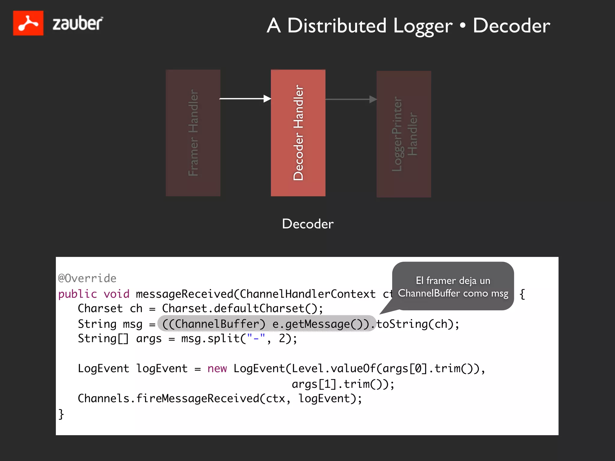 A Distributed Logger • Decoder




                                       Decoder Handler
                    Framer Handler




                                                         LoggerPrinter
                                                           Handler
                                      Decoder


@Override                                              El framer deja un
public void messageReceived(ChannelHandlerContext ctx, MessageEventmsg {
                                                    ChannelBuffer como e)
   Charset ch = Charset.defaultCharset();
   String msg = ((ChannelBuffer) e.getMessage()).toString(ch);
   String[] args = msg.split("-", 2);

    LogEvent logEvent = new LogEvent(Level.valueOf(args[0].trim()),
                                     args[1].trim());
    Channels.fireMessageReceived(ctx, logEvent);
}
 