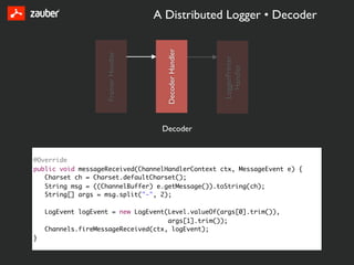 A Distributed Logger • Decoder




                                       Decoder Handler
                    Framer Handler




                                                         LoggerPrinter
                                                           Handler
                                      Decoder


@Override
public void messageReceived(ChannelHandlerContext ctx, MessageEvent e) {
   Charset ch = Charset.defaultCharset();
   String msg = ((ChannelBuffer) e.getMessage()).toString(ch);
   String[] args = msg.split("-", 2);

    LogEvent logEvent = new LogEvent(Level.valueOf(args[0].trim()),
                                     args[1].trim());
    Channels.fireMessageReceived(ctx, logEvent);
}
 