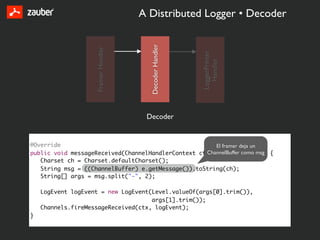 A Distributed Logger • Decoder




                                       Decoder Handler
                    Framer Handler




                                                         LoggerPrinter
                                                           Handler
                                      Decoder


@Override                                              El framer deja un
public void messageReceived(ChannelHandlerContext ctx, MessageEventmsg {
                                                    ChannelBuffer como e)
   Charset ch = Charset.defaultCharset();
   String msg = ((ChannelBuffer) e.getMessage()).toString(ch);
   String[] args = msg.split("-", 2);

    LogEvent logEvent = new LogEvent(Level.valueOf(args[0].trim()),
                                     args[1].trim());
    Channels.fireMessageReceived(ctx, logEvent);
}
 