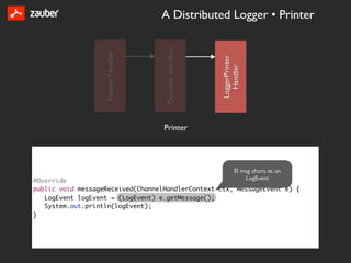 A Distributed Logger • Printer




                                    Decoder Handler
                   Framer Handler




                                                      LoggerPrinter
                                                        Handler
                                    Printer




                                                              El msg ahora es un
@Override                                                         LogEvent
public void messageReceived(ChannelHandlerContext ctx, MessageEvent e) {
   LogEvent logEvent = (LogEvent) e.getMessage();
   System.out.println(logEvent);
}
 